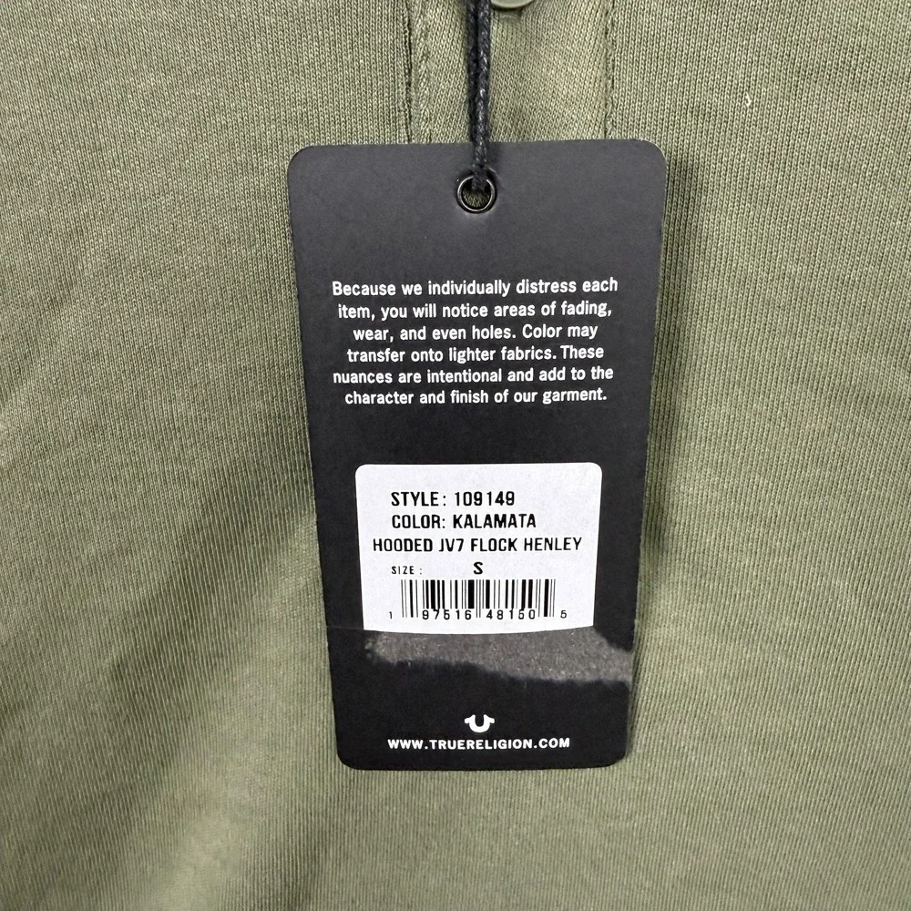 True Religion Hoodie Adult Small Green Hooded Flock Henley Shirt Graphic Men S